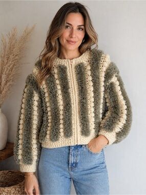 Anthromorphic Baubles & Shag heavy crochet zip cardigan